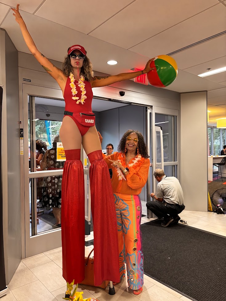 With a costumed performer at the summer festival