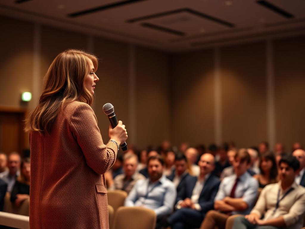 Speaking to an audience at a conference