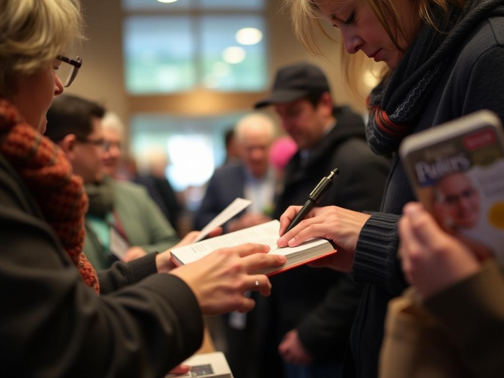 Signing a book for a reader